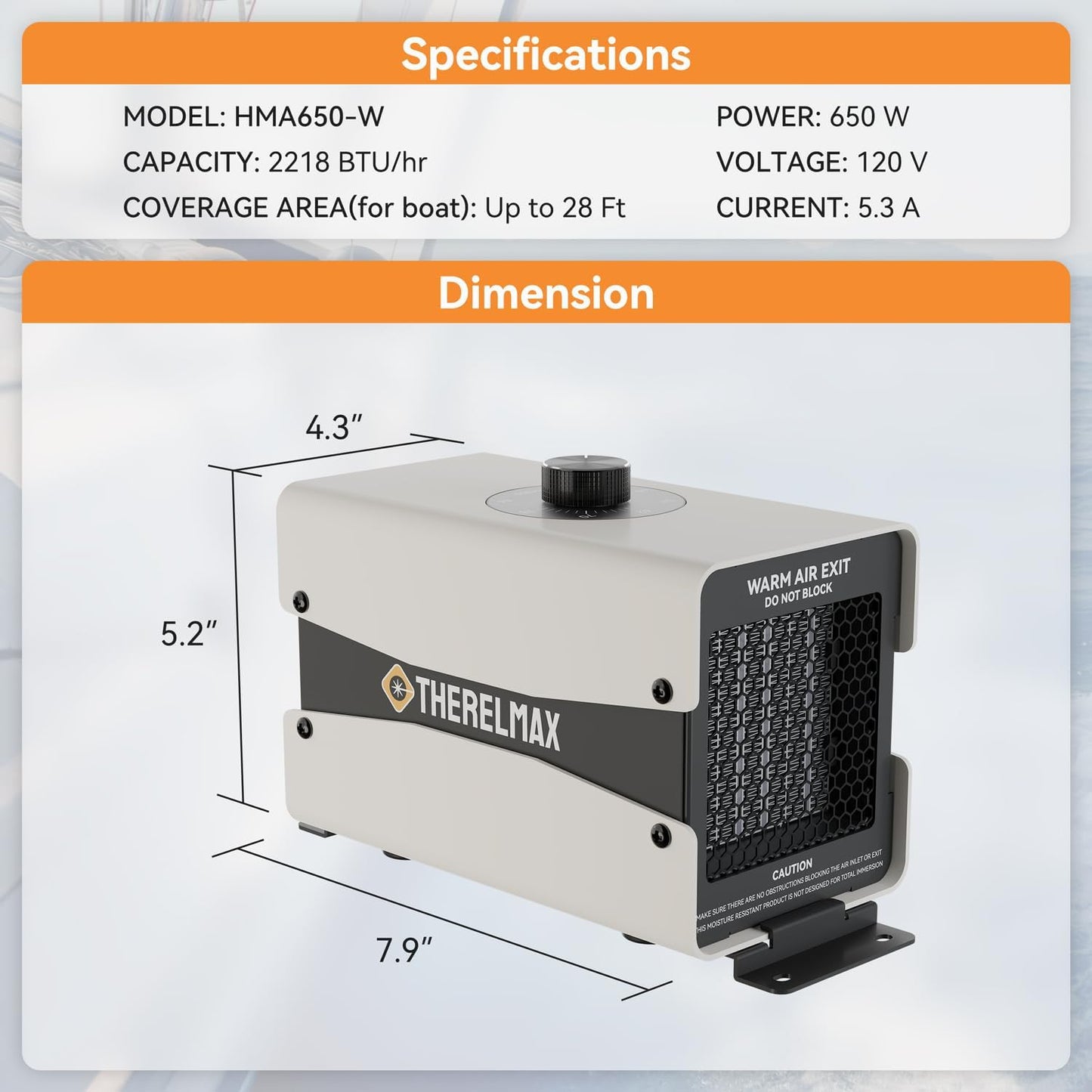 Boat Engine Compartment Heater with Thermostat, 650W Boat Cabin Heater with Safe PTC Element and Waterproof Fan HMA650-W-S1 Multi-Use Boat Bilge