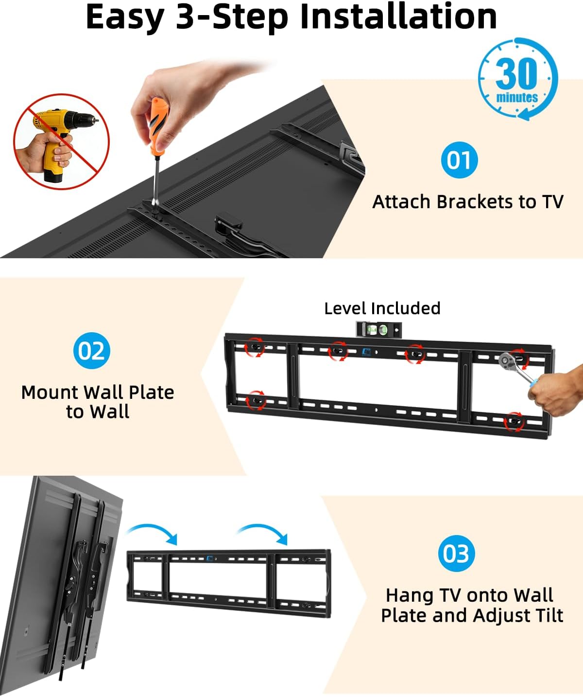 HOME VISION Heavy Duty Tilting TV Wall Mount for 65-150 Inch Flat & Curved TVs, 264lbs Load Capacity, 2.44" Low Profile Wall Mount TV Bracket, Max VESA 1200×600mm, Fits 16/18/24/48 Inch Wood Studs
