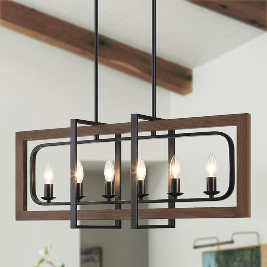 6 Lights Farmhouse Dining Room Light Fixtures Over Table,Rectangle Wood Chandelier, Chandelier for Dining Room,A