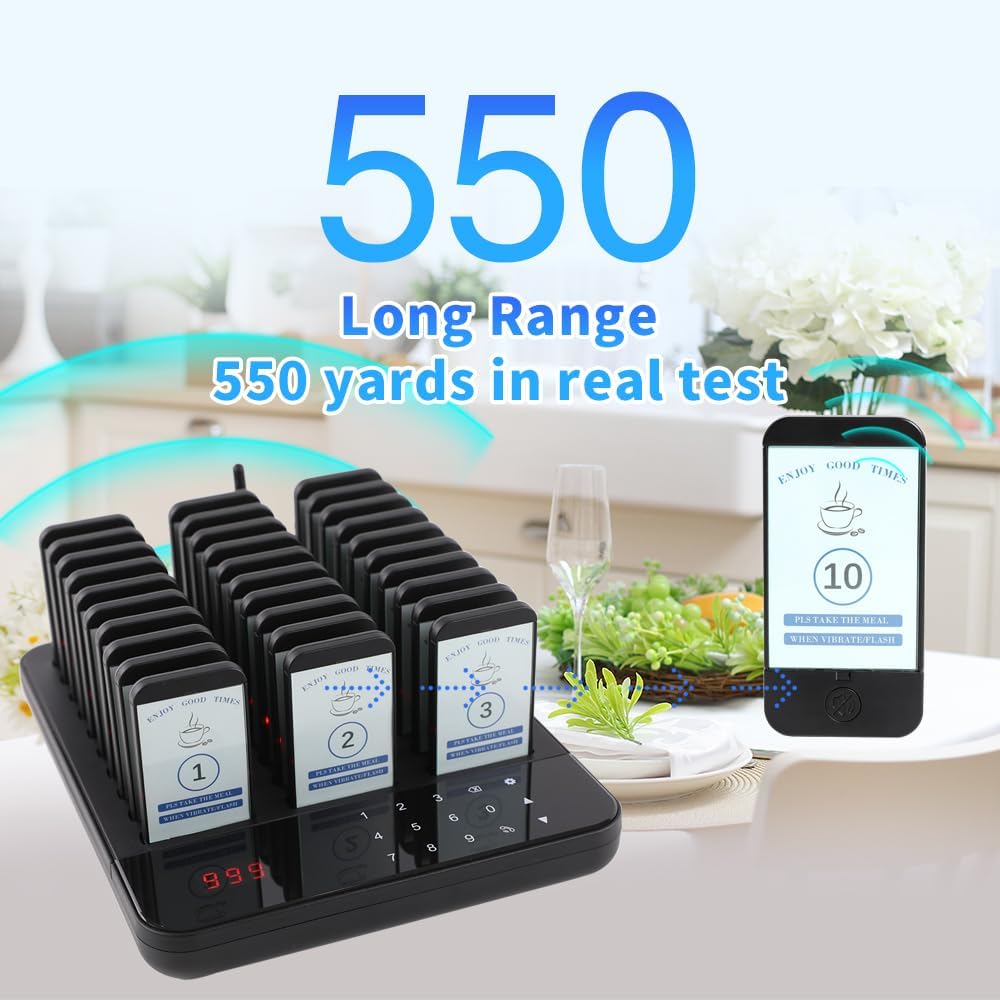 Restaurant Pager Wireless Calling System Waterproof 30 Beepers Guest Customer Queue Pagers for Food Court Food Truc