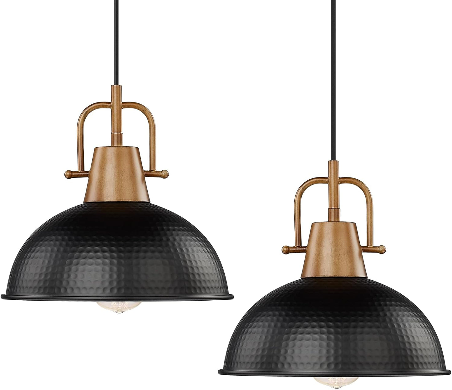 Emliviar 10.2 Inch Vintage Pendant Lights for Kitchen Island, 2 Pack Industrial Hanging Light Fixtures with Hammered Metal Shade, Black Finish,