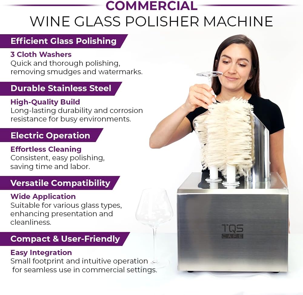 Commercial Wine Glass Polisher Machine - Electric Glass Polishing Machine with 3 Cloth Polishers - Stainless Steel Glass Polisher for Wineries, Bars,