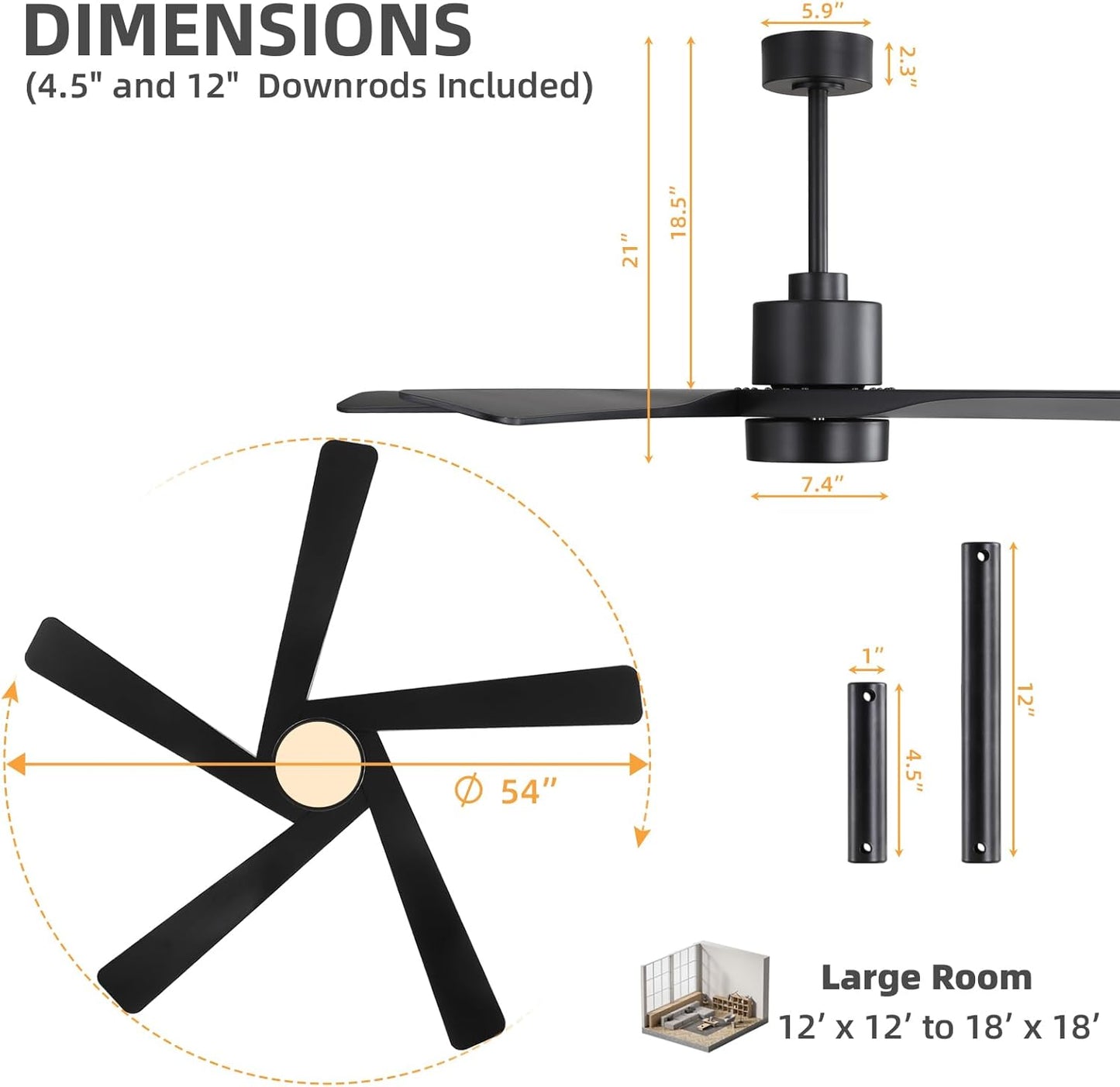 WINGBO 54' ABS DC Ceiling Fan with Lights, 5 Blade ABS Plastic Ceiling Fan with Remote, 6-Speed Reversible DC Motor, LED Ceiling Fan for Kitchen