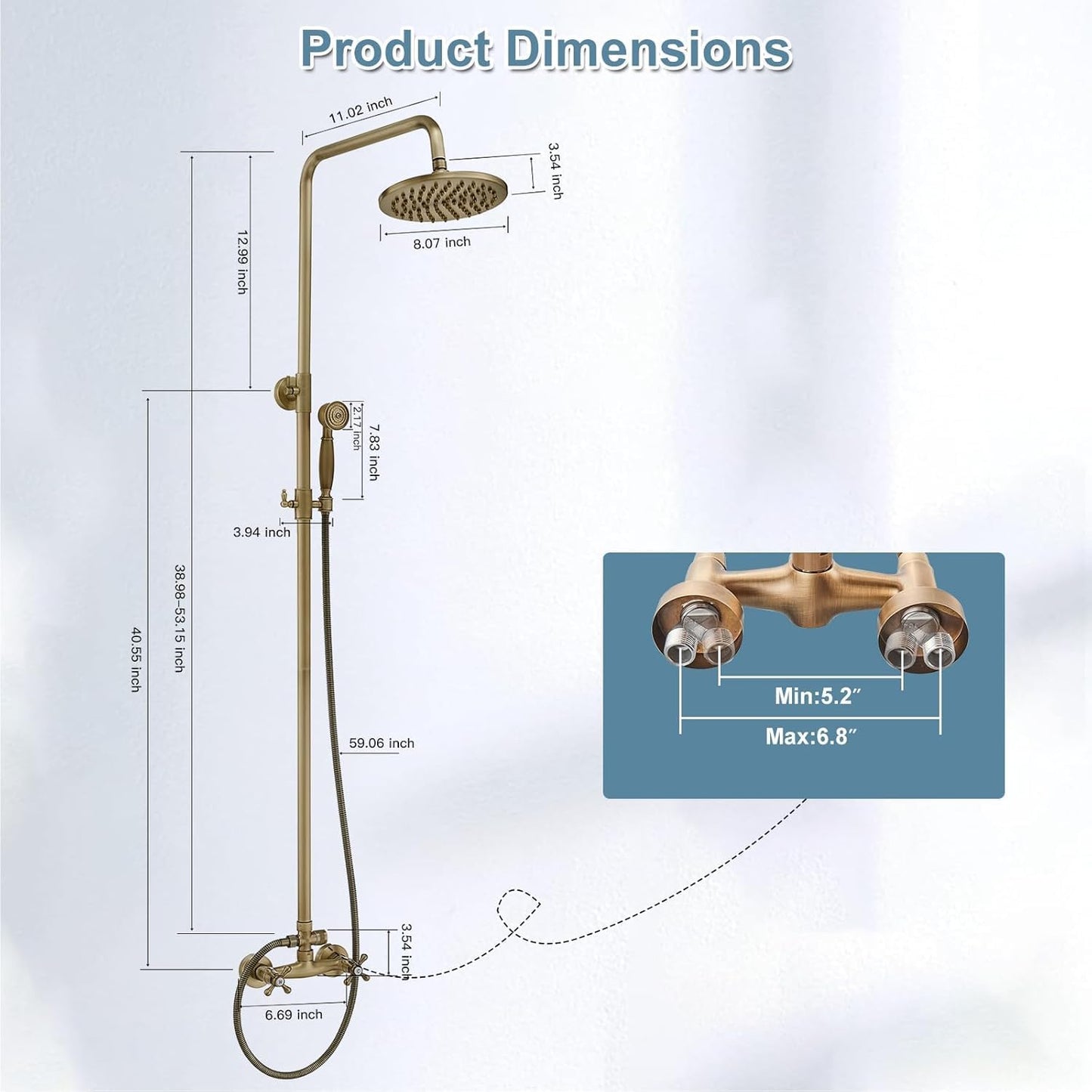 Antique Brass Outdoor Shower Kit, Exposed Pipe Shower System Set, Rainfall Outside Shower Features Two Handle High Pressure, Wall Mount (Antique