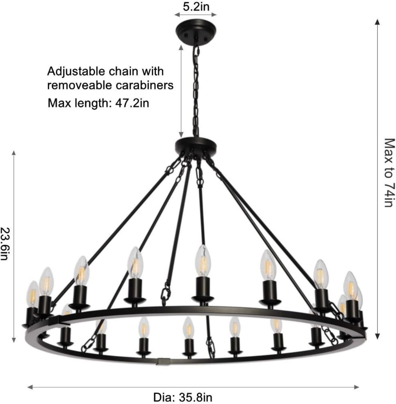 Wagon Wheel Chandelier 36 inch Modern Farmhouse Ceiling Light Fixtures for Dining Room Living Room Hallway Entryway Foyer, 18 Lights, Black