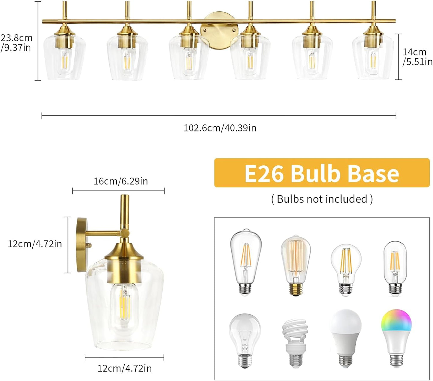 Bathroom Light Fixtures 6 Light Gold Vanity Light with Clear Glass Shade, Brushed Brass Bathroom Lighting Over Mirror,