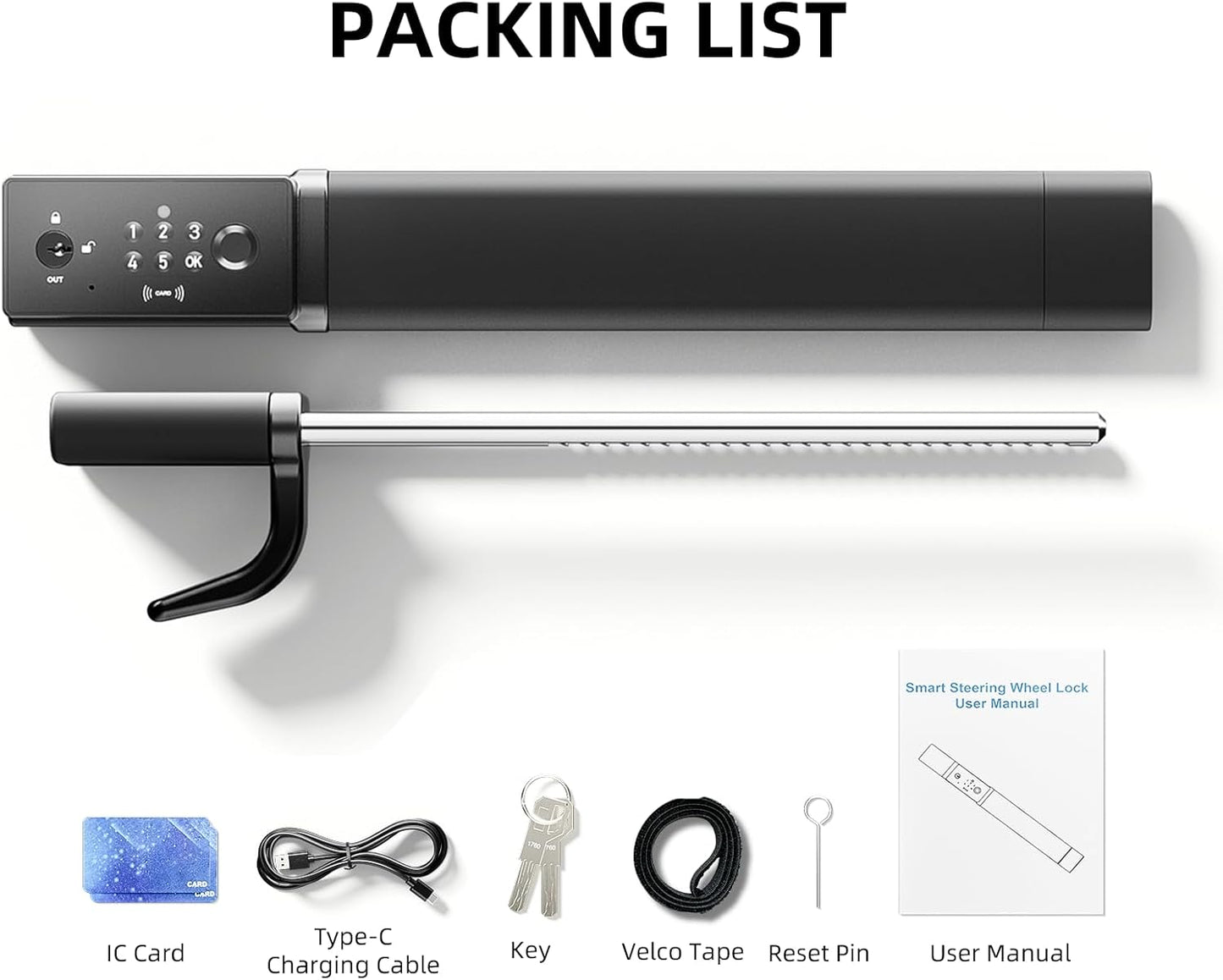 eRapta Smart Steering Wheel Lock, Fingerprint and Numeric Keypad Antitheft Car Security Lock with Dual Alarm, Adjustable Length for Universal Standard Shaped Steering Wheels, Window Breaker Included
