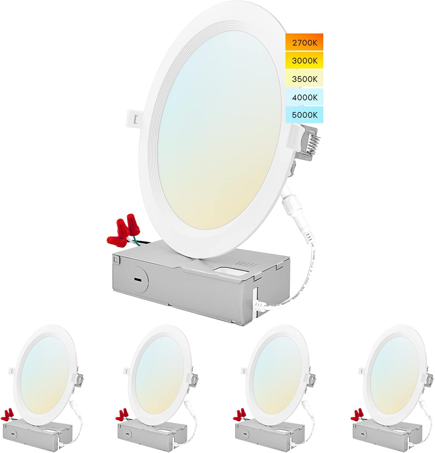 LUXRITE 8 Inch Ultra Thin LED Recessed Lighting, 23W, 5 Color Selectable 2700K | 3000K | 3500K | 4000K | 5000K, CRI 90, 1800 Lumens, Dimmable LED