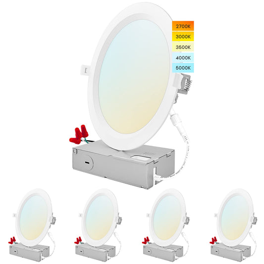 LUXRITE 8 Inch Ultra Thin LED Recessed Lighting, 23W, 5 Color Selectable 2700K | 3000K | 3500K | 4000K | 5000K, CRI 90, 1800 Lumens, Dimmable LED Wafer Lights, Wet Rated, Baffle Trim (4 Pack)