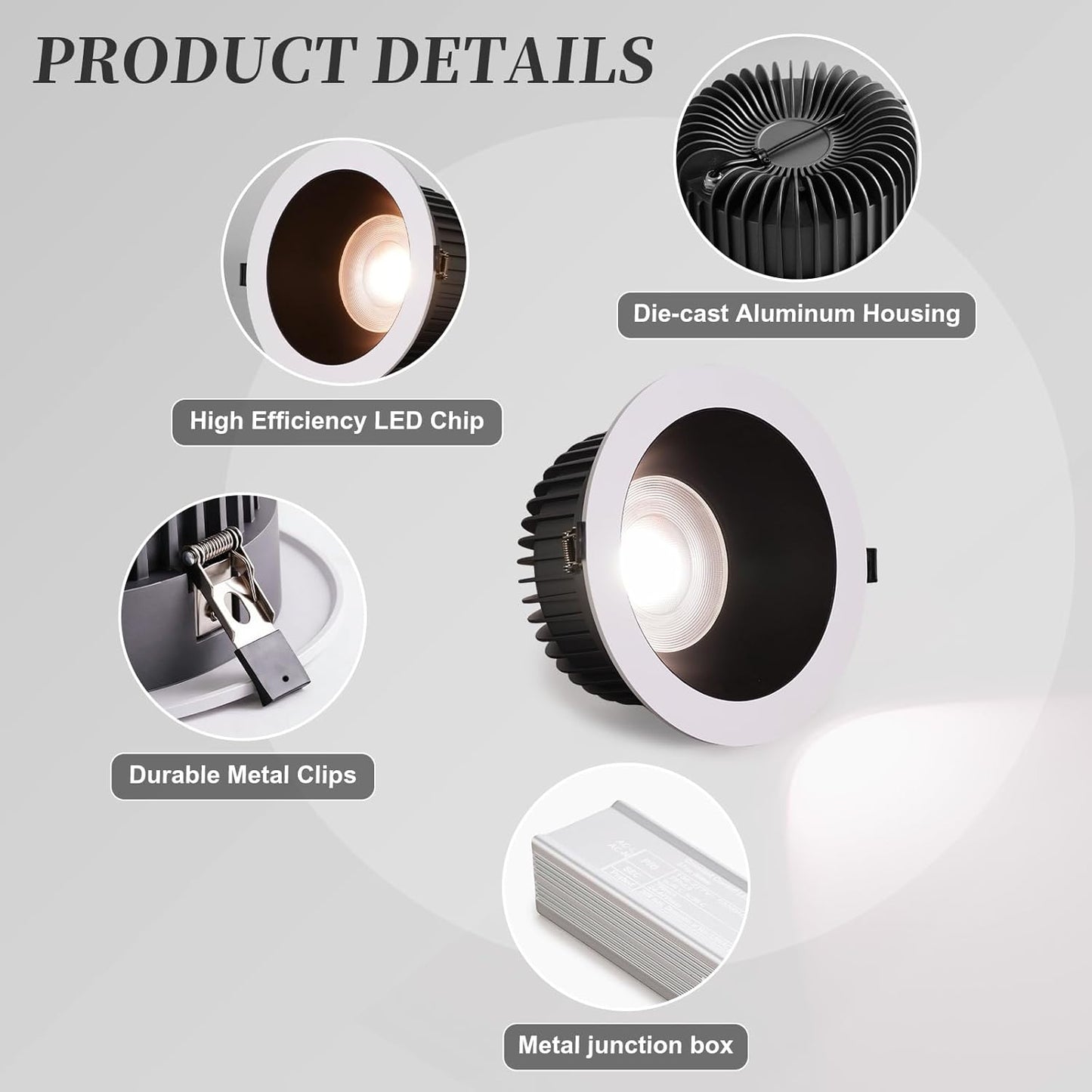4 Inch Waterproof Recessed Led Lights, 3CCT Recessed Lights with J-Box, Round Recessed Lighting 3000-6000K Selectable, 15W 1700LM Soffit Canless Recessed Light for Bathroom,Living Room,Kitchen (2 PCS)