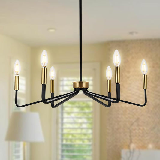 Black Farmhouse Chandelier, 6-Light Candle Dining Room Light Fixtures Over Table, Brushed Brass Modern Pendant Lights