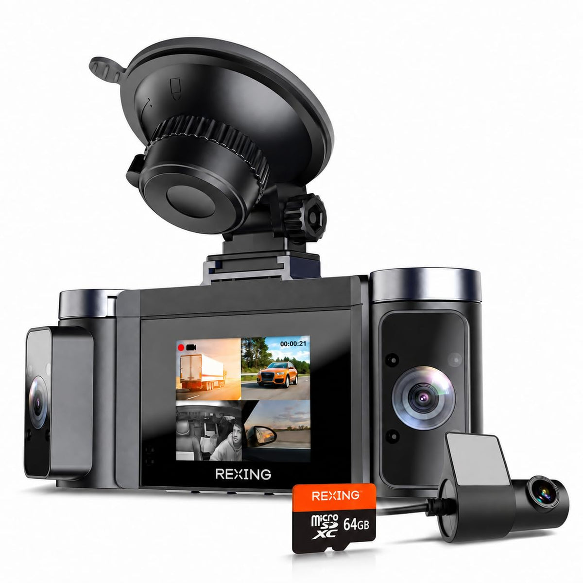 RexingUSA C4 4-Channel Dash Cam with 64GB microSD Card Included, 1080p Recording, Wi-Fi App Control, IR Night Vision, Parking Mode, G-Sensor