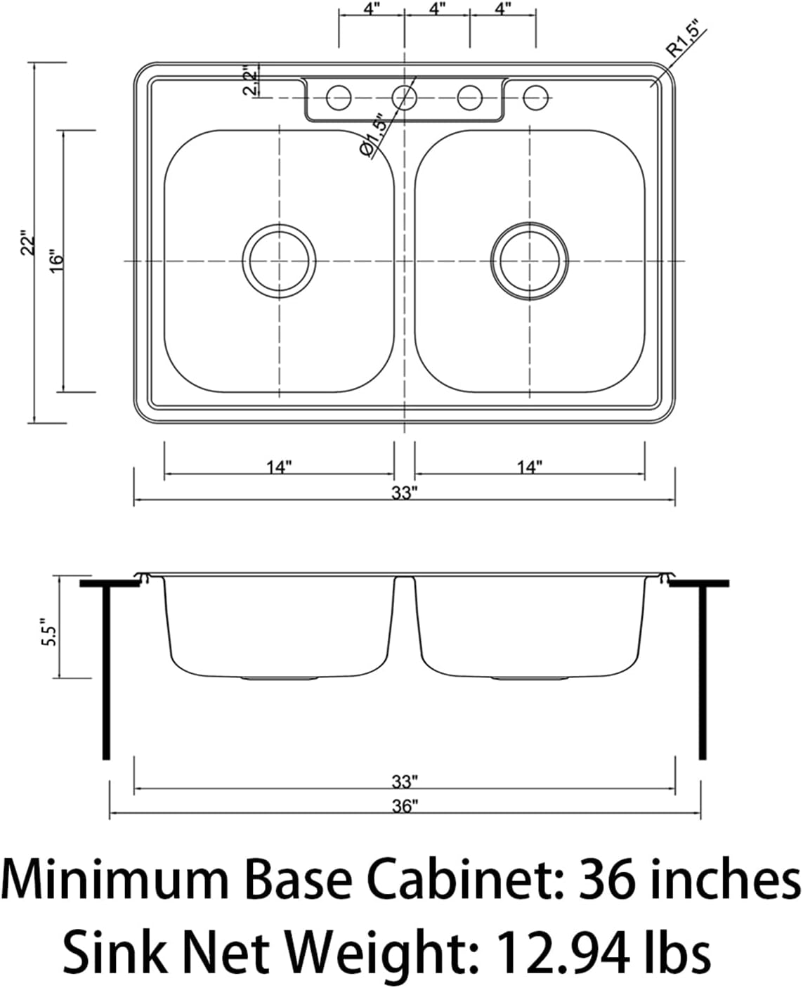 Sinber Drop in Double Bowl 304 Stainless Steel Kitchen Sink (33 x 22 x 9(Black Sink Only)) (33 x 22 x 9(Black Sink Only))