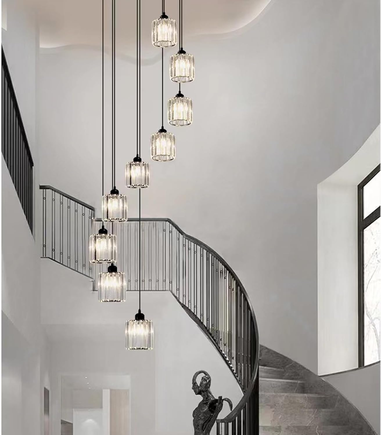 Long Chandeliers for High Ceilings,Modern Crystal Pendant Light,Raindrop Drop Lamp,Hanging Flush Mount Lighting Fixtures for Spiral Staircase,Foyer