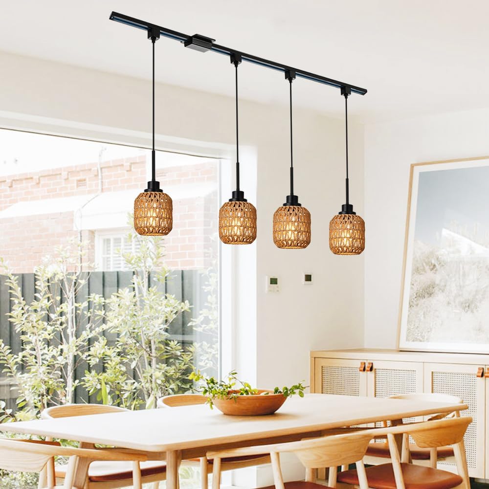 4-Pack Type Track Lighting Pendant Light,Vintage Boho Bamboo Pendant Lights Black Rattan Pendant Lighting for Kitchen Island, Bedroom, Dining Room