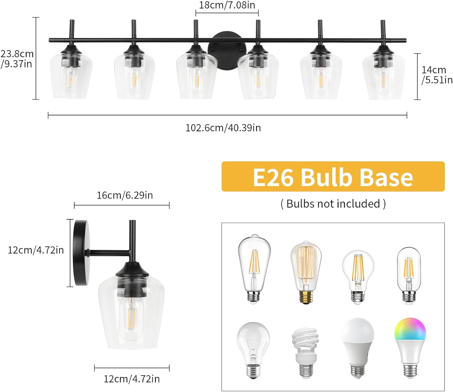 6-Light  Industrial Matte Black Bathroom Vanity Light Fixtures with Clear Glass Shades,