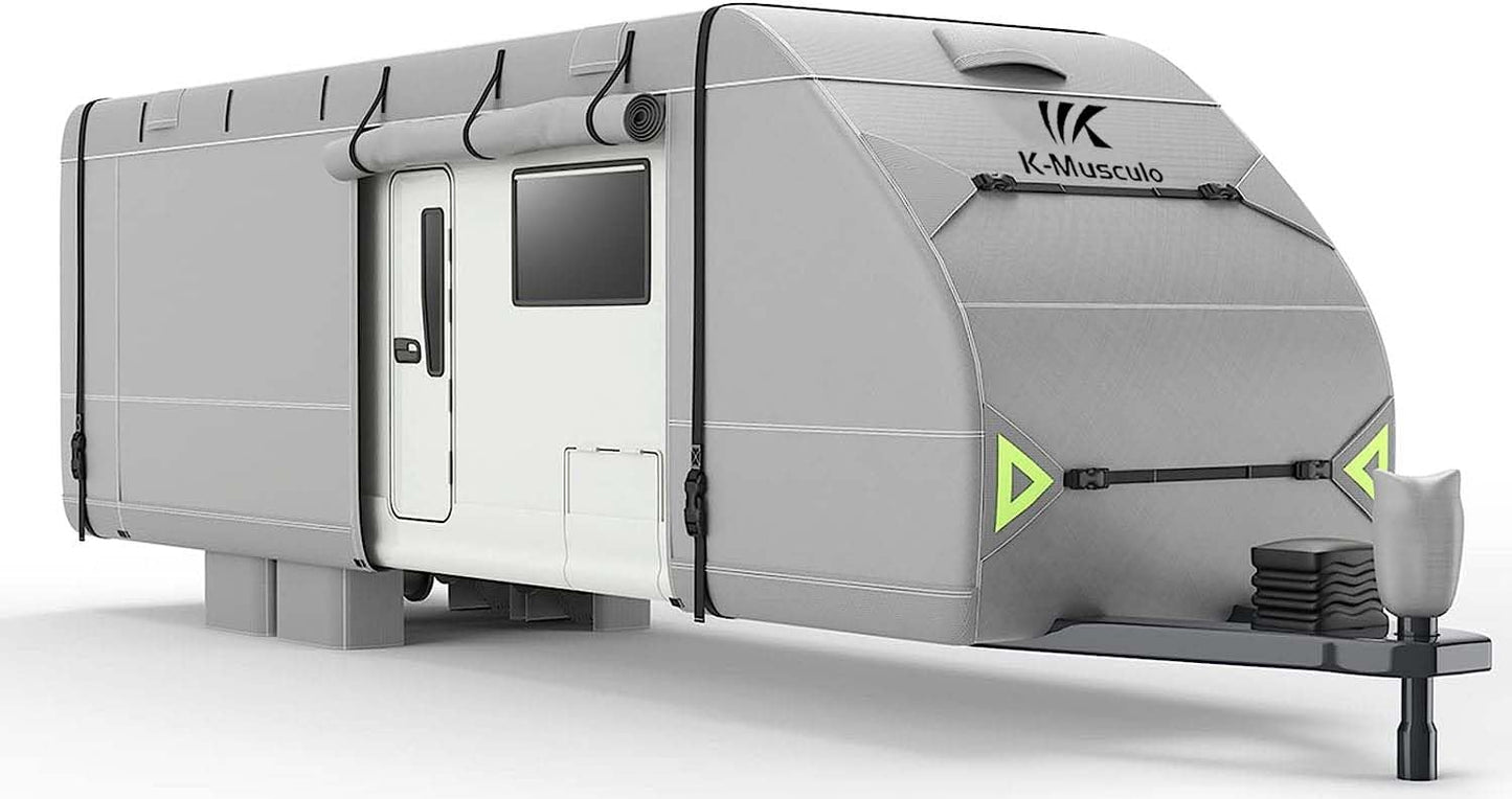 RV Cover, 17.5-19.5 FT Heavy Duty Waterproof Travel Trailer Cover with 8 Layers Corner, Windproof Camper Cover with 4 Tire Cover & Tongue Jack Cover