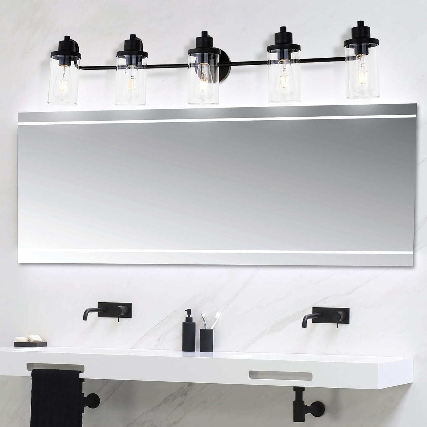 LUXEMI Bathroom Vanity Light with Clear Glass Shades,5-Light Bathroom Lights Over Mirror in Black Wall Sconces(Black, 5-Light) (5 Lights, Black)