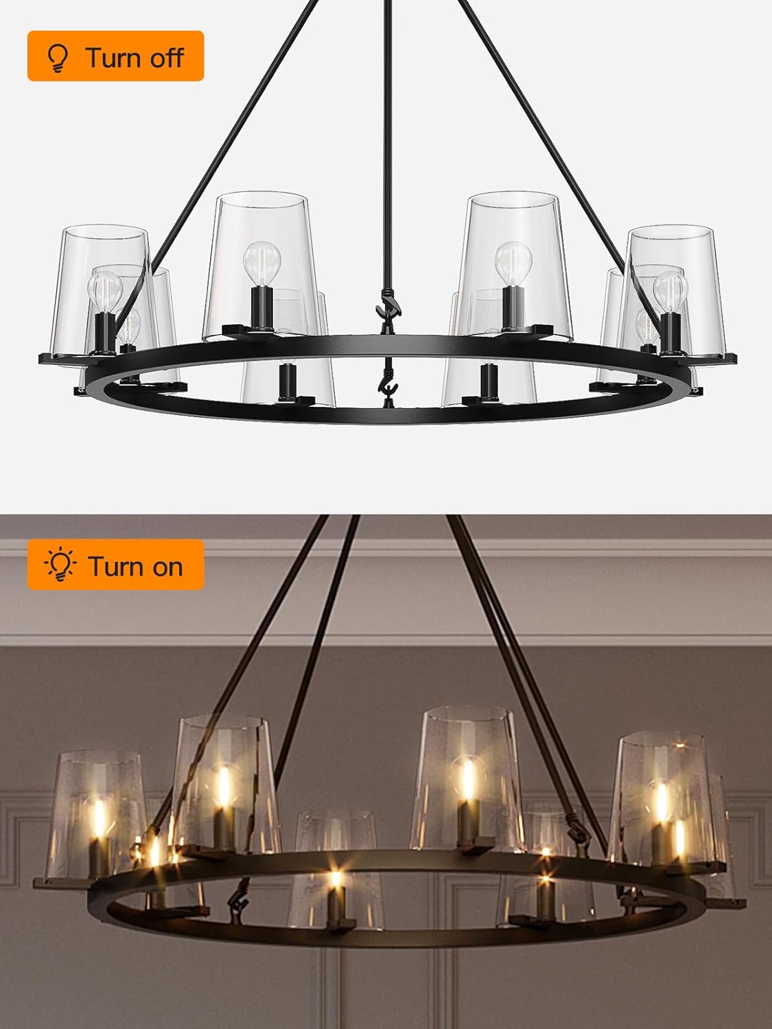 Amico Chandelier with Glass Shade for Dining Room 8-Lights 31' Farmhouse Island Mordern Wagon Wheel Industrial Pendant Light