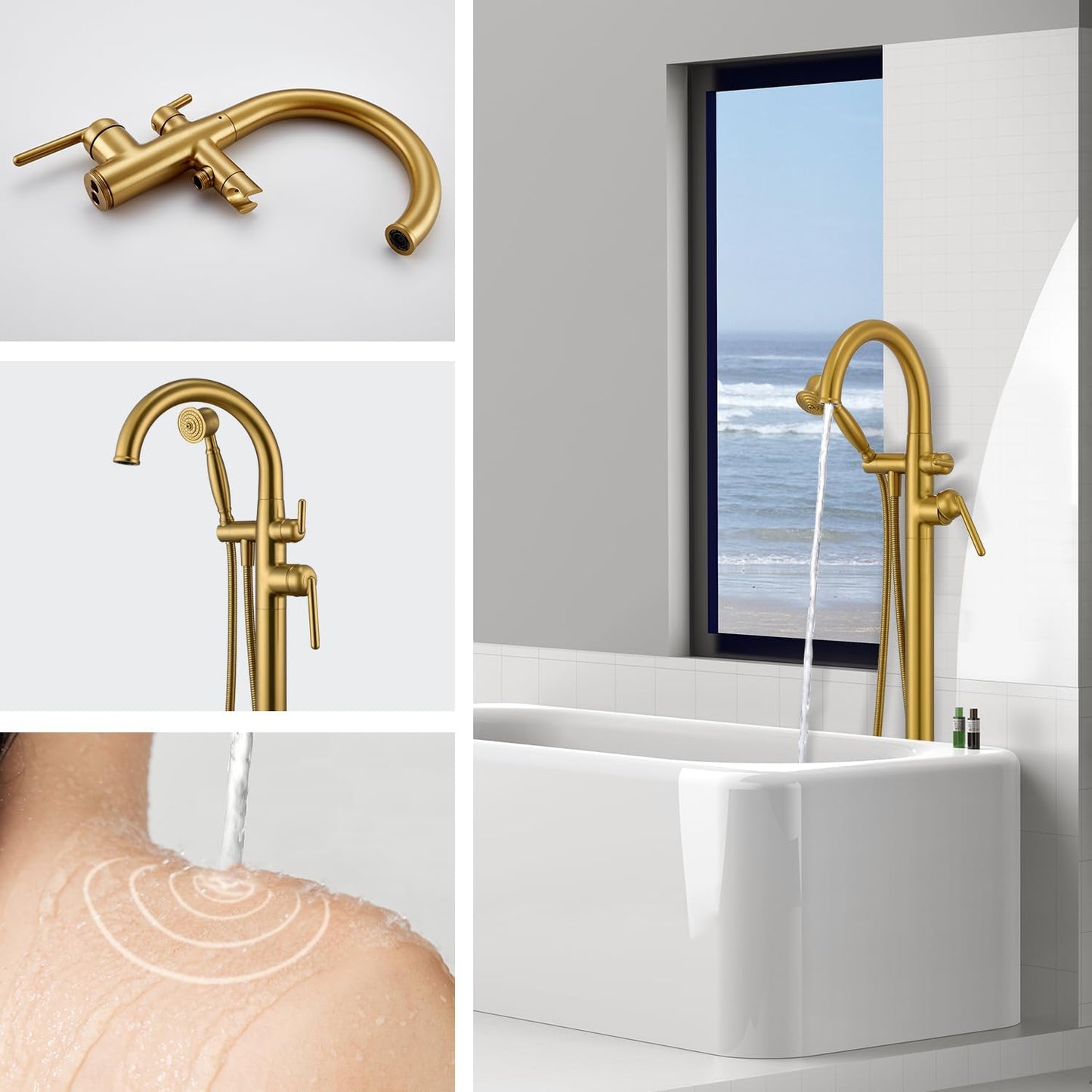 Freestanding Bathtub Faucet, 6.6GPM/60PSI Brass Floor Mount Tub Faucet Vintage Handheld Shower Brushed Gold