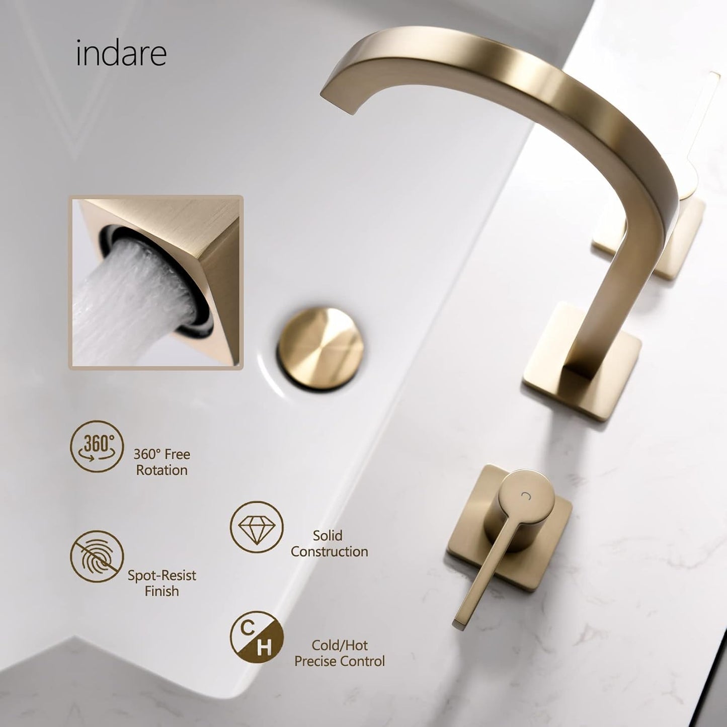 indare Brushed Gold Bathroom Faucet, 8 Inch Brass Widespread Bathroom Sink Faucet 3 Holes, Two Handles Bathroom Sink Faucet with Pop-Up Drain & Supp