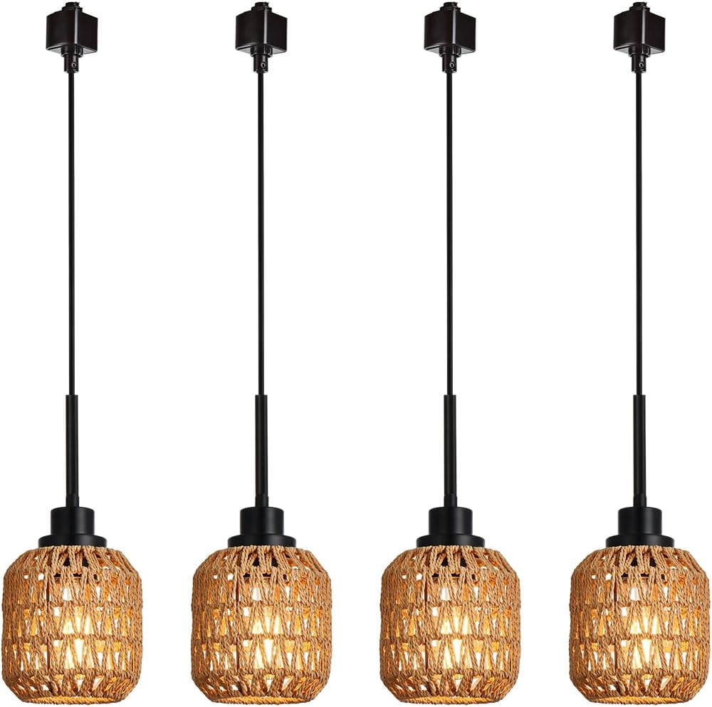 4-Pack Type Track Lighting Pendant Light,Vintage Boho Bamboo Pendant Lights Black Rattan Pendant Lighting for Kitchen Island, Bedroom, Dining Room