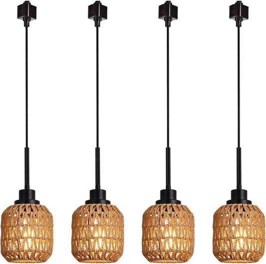 4-Pack Type Track Lighting Pendant Light,Vintage Boho Bamboo Pendant Lights Black Rattan Pendant Lighting for Kitchen Island, Bedroom, Dining Room