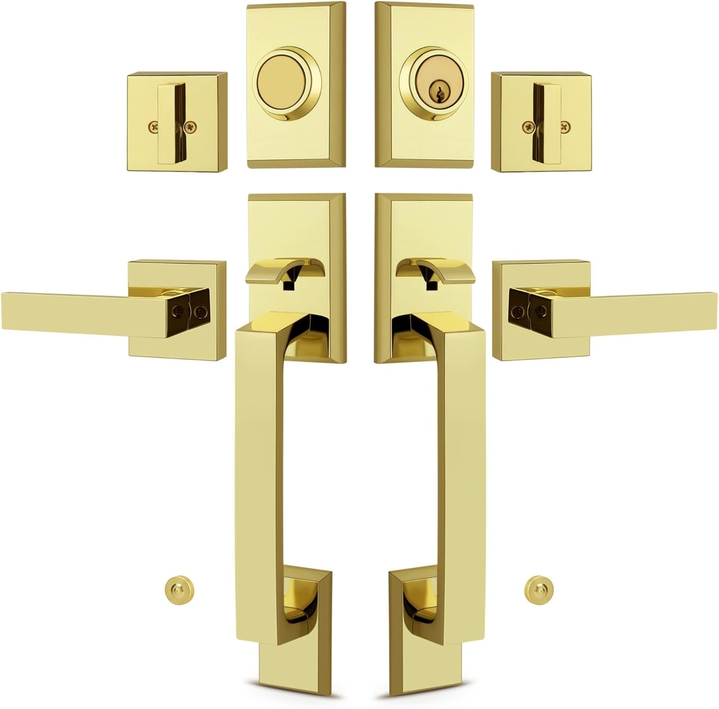 Double Front Door Lock Set, Polished Brass Square Front Door Hardware Set with Dummy