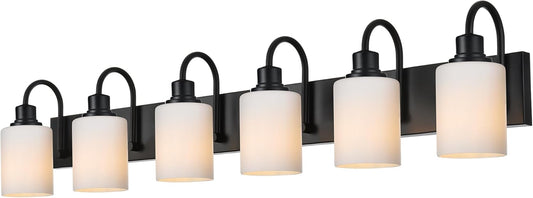 6 Light Wall Lighting Fixture in Matte Black Finish,Classic Bathroom Vanity Light with Opal White Glass Shade Modern Wall Lamp Sconces for Hallway