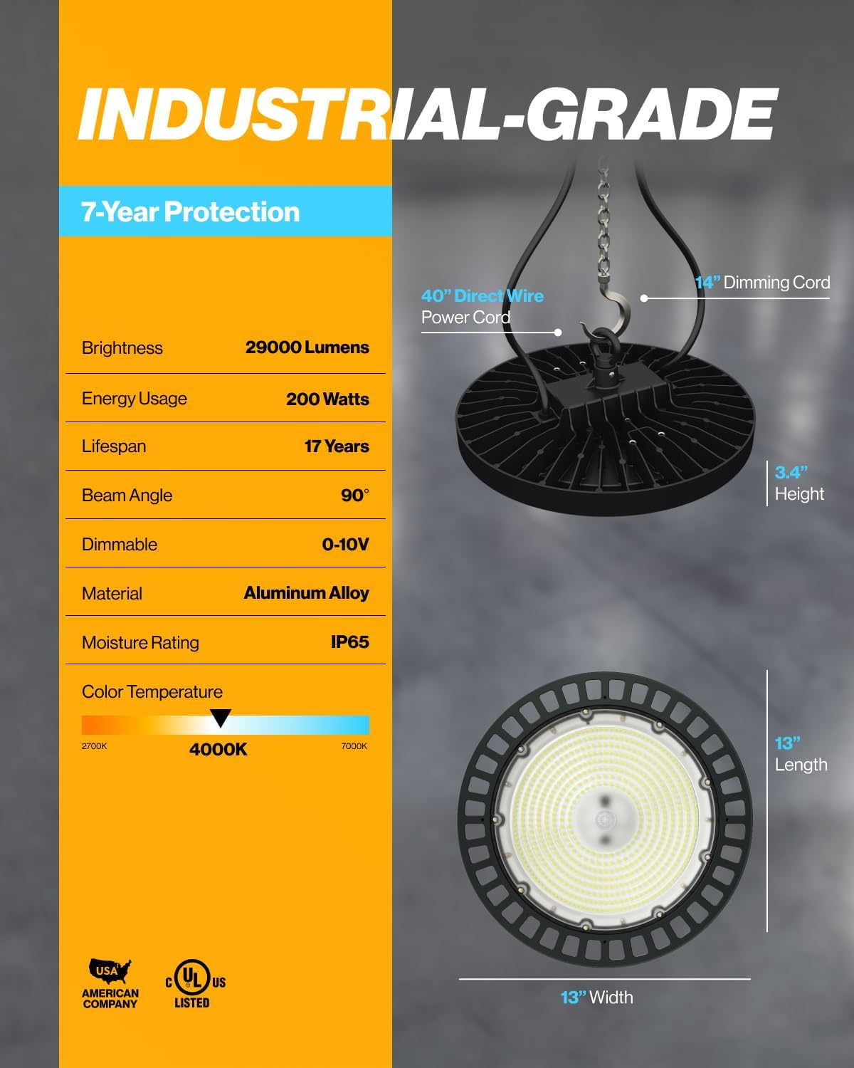 Sunco UFO LED High Bay Light, Lighting for Warehouse, 4000K Cool White, 200W, 29000 LM, 100-277V, Dimmable 0-10V, IP65 Waterproof Weatherproof, Super