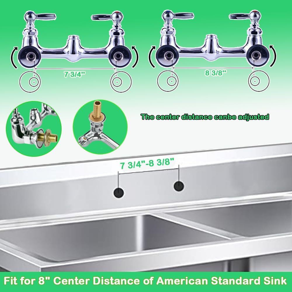 43' Height Commercial Faucet with Sprayer, 8 Inch Center, Wall Mount Kitchen Sink Faucet for 3 Compartment Sink, Restaurant Commercial Sink Faucet