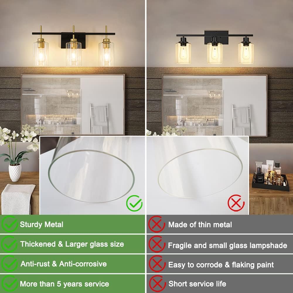 DSMJFU 3-Light Bathroom Light Fixture, Modern Bathroom Vanity Lights Over Mirror, Black and Gold Wall Sconce with Thicker Glass Shade for Mirror