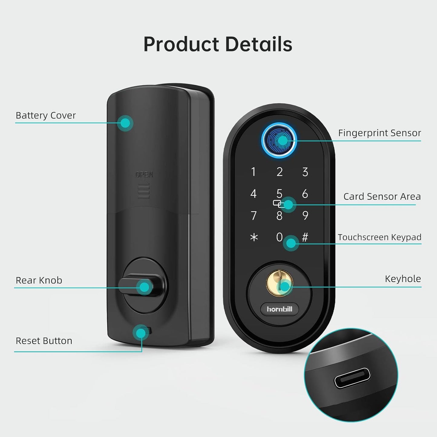 Smart Keyless Entry Door Lock Set - Hornbill Fingerprint Deadbolt Handle Set for Front Door - Bluetooth Electronic Digital Keypad Lock- Auto Lock App