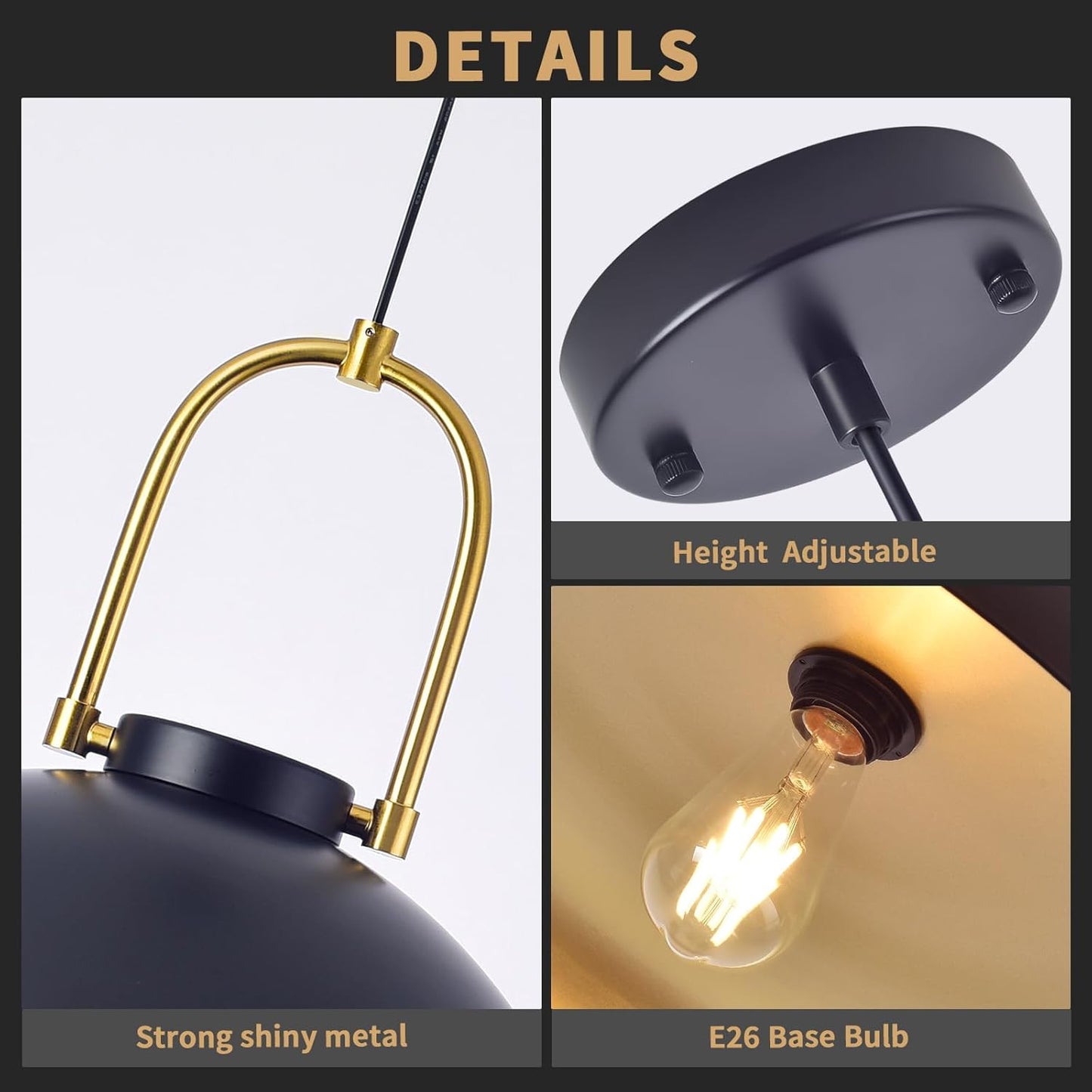 Ziqqeelam 2PCS 17.7&#34; Black Large Pendant Light, Farmhouse Black and Gold Pendant Lights Kitchen Island, Vintage Pendant L