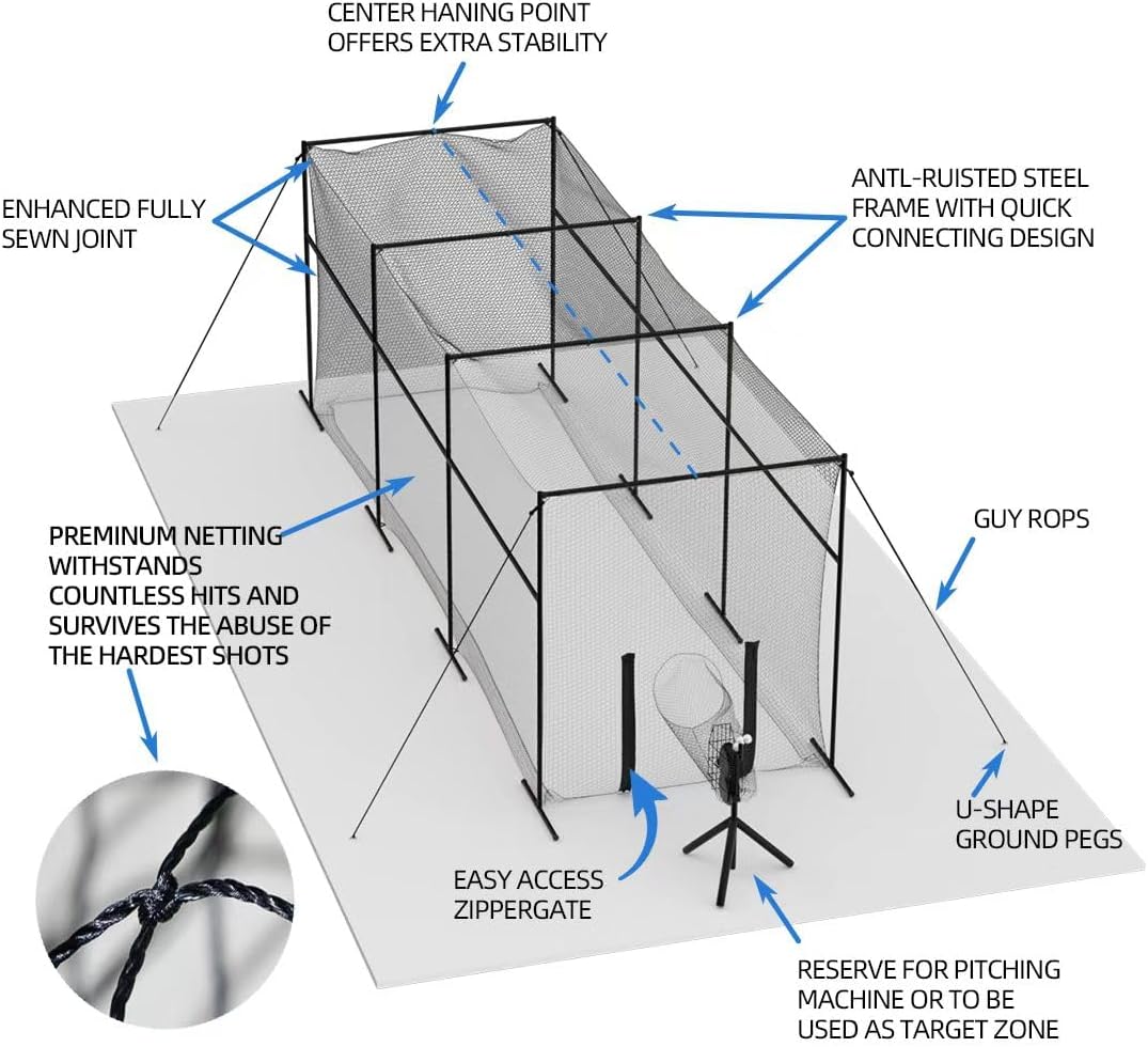 40FT Batting Cage, Baseball Softball Hitting Cage Net and Frame, Heavy Duty Baseball Softball Training Equipment, Framed Batting Cage Complete