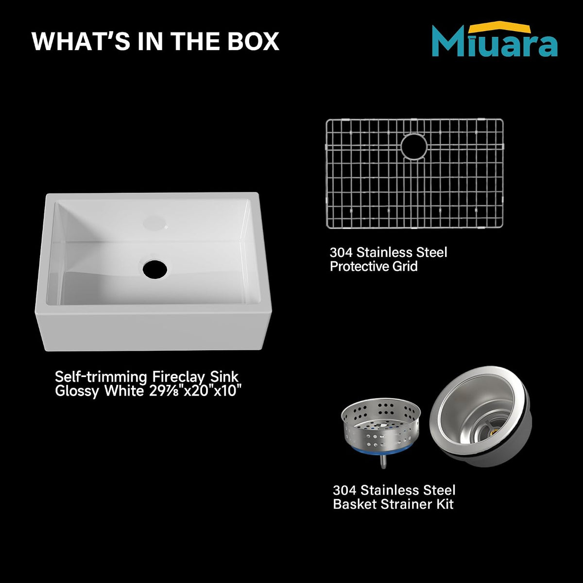 Miuara 30 x 20 Inch Self Trimming Farmhouse Kitchen Sink White Apron Front