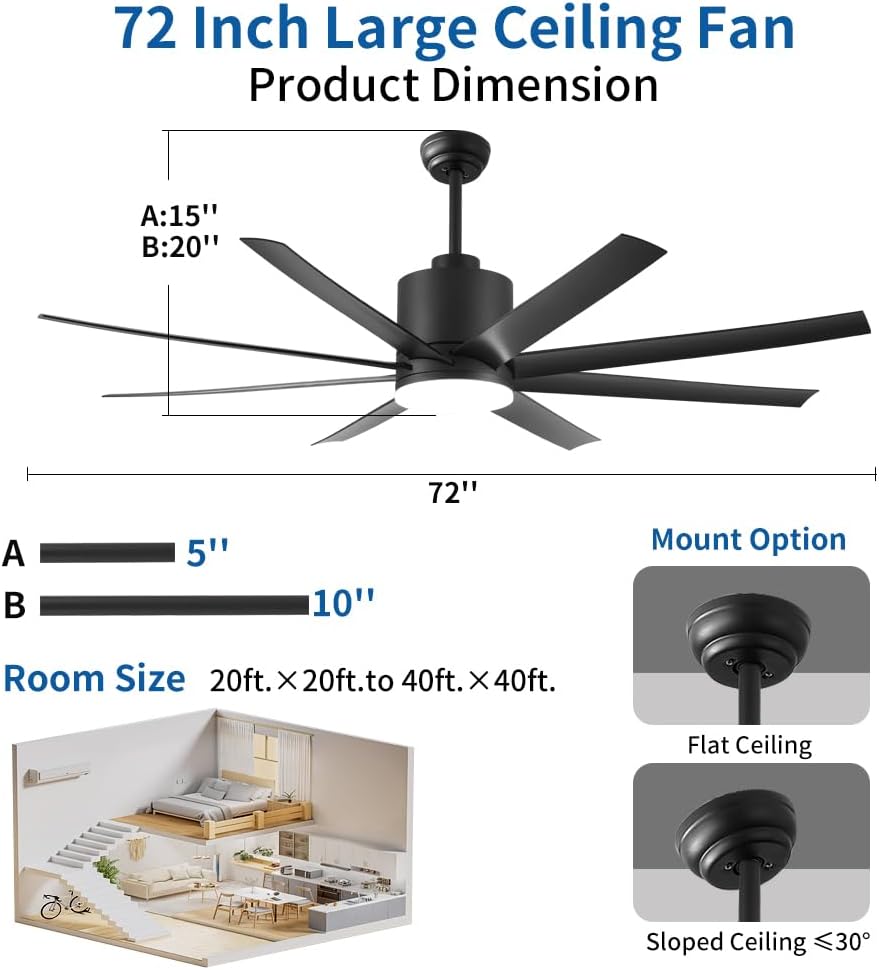 TXCSLY 72 inch Ceiling Fan with Light, Large Black Ceiling Fan with Light Outdoor Ceiling Fan for Bedroom Living Room Patio Porch,