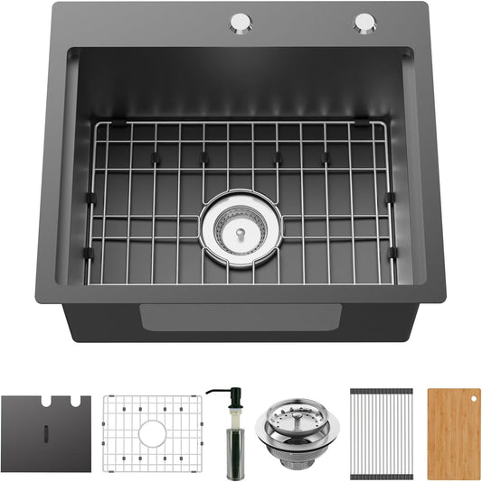 Black Kitchen Sink With Dust Lid, 21'x18' Stainless Steel Drop In Single Bowl Sink, Built-in Ledge, Topmount