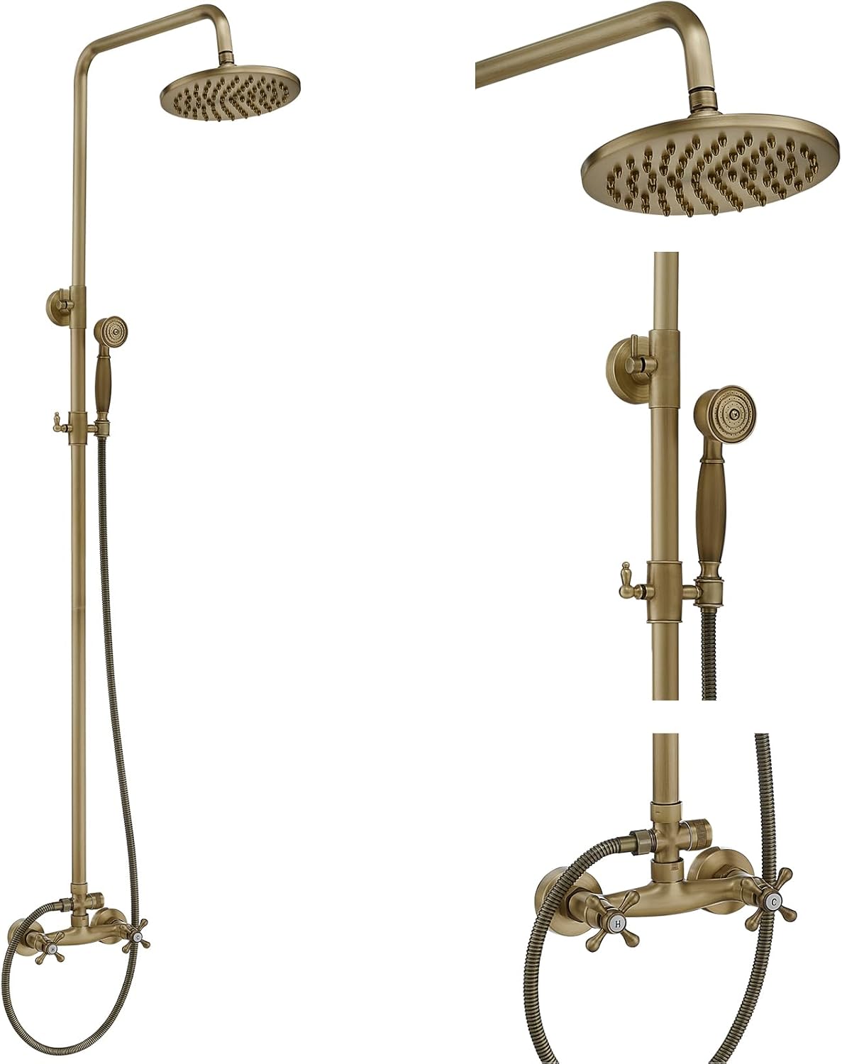 Antique Brass Outdoor Shower Kit, Exposed Pipe Shower System Set, Rainfall Outside Shower Features Two Handle High Pressure, Wall Mount (Antique