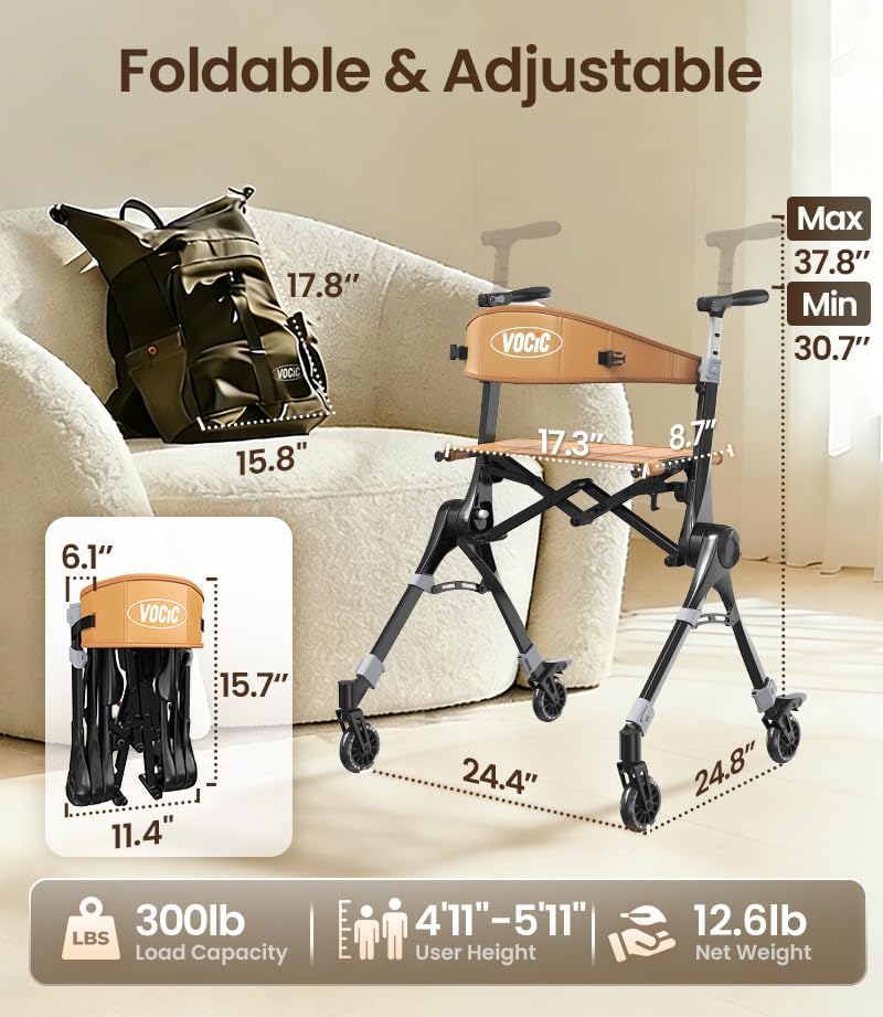 Ultra Lightweight Foldable Rollator for Adults – Z35 Walkers with Dual X-Design, Supports 300 lbs, Includes Carry Bag