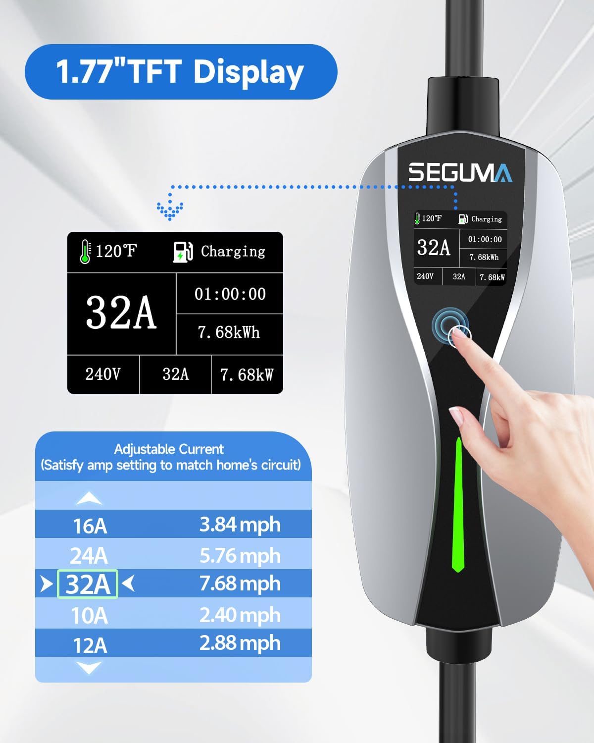 Level 2 EV Charger(32A, 240V, NEMA 14-50 Plug), Portable Electric Car Charger with 25ft EV Charger Extension Cable, Adjustable Cu