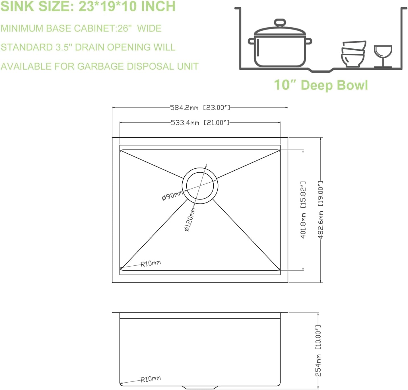 23 Inch Undermount Kitchen Sink Counter/Workstation, 16 Gauge Stainless Steel Single Bowl RV Sink