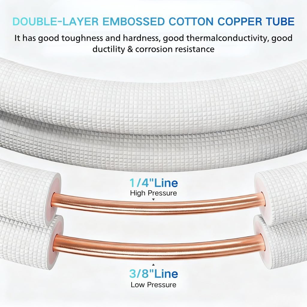 50 Ft Mini Split Line Set, 1/4" & 3/8" OD Flared Copper Tubing Pipes and 3/8" Thickened PE Insulated Coil with Nuts & Kit for Mini Split Air Conditioner & Heat Pump System