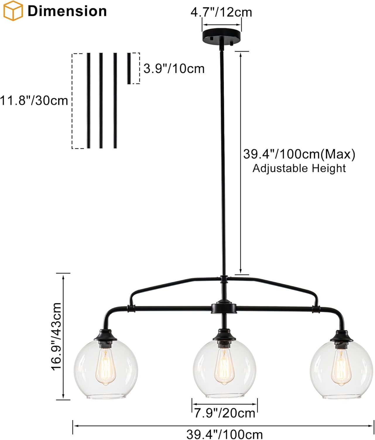 3 Lights Globe Pendant Light, Modern Hanging Lighting Fixture, Matte Black Cluster Chandelier with Clear Glass Shades