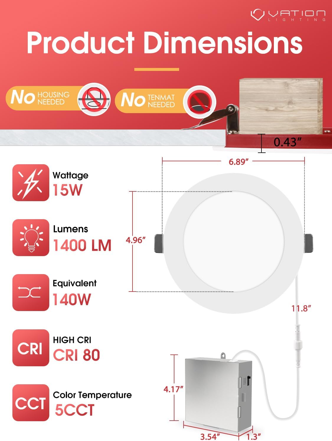 12 Pack 6 Inch 5CCT Ultra-Thin 1400LM Dimmable LED Recessed Light with Junction Box, No Fire Cone Needed, 2700/3000/3500/4000/5000K Selectable,