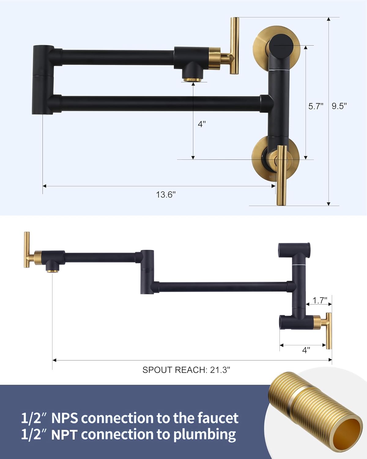 Pot Filler Faucet Single Hole Two Attachment Stove Faucet, Brass Pot Filler Wall Mount Folding Faucet Over Stove, Black and Gold Pot Filler Faucet