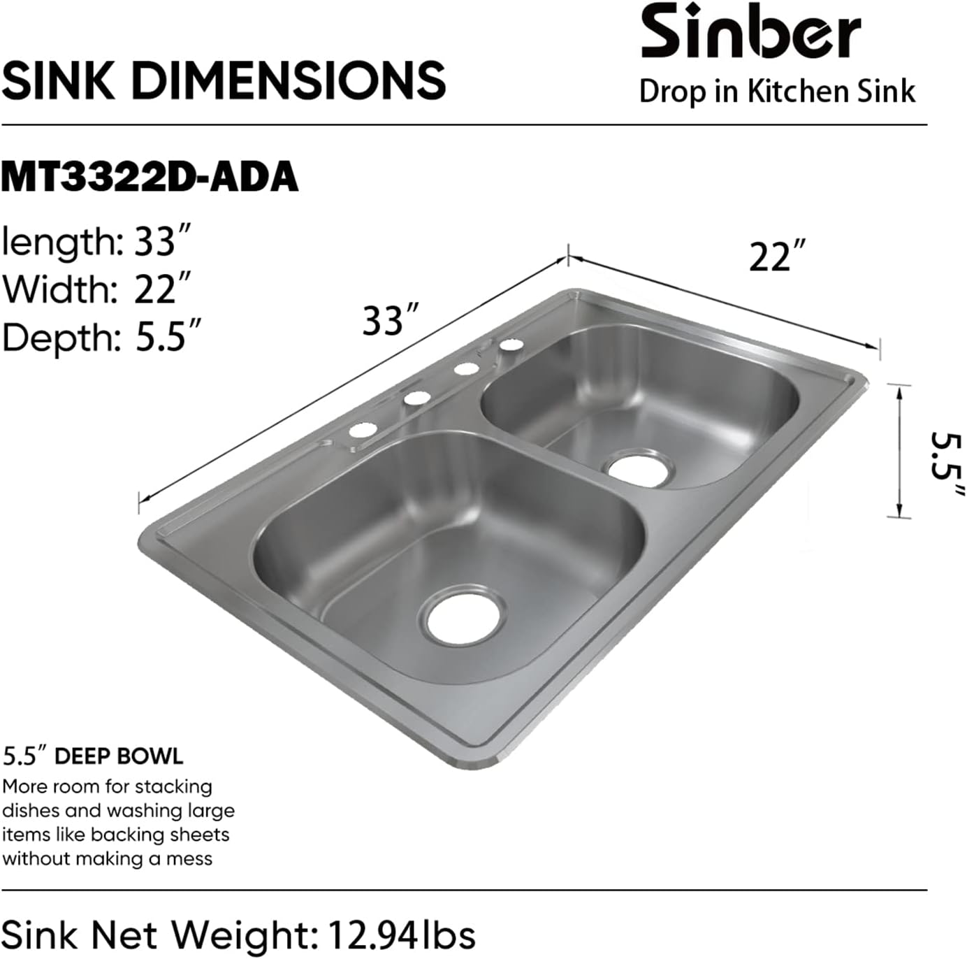 Sinber Drop in Double Bowl 304 Stainless Steel Kitchen Sink (33 x 22 x 9(Black Sink Only)) (33 x 22 x 9(Black Sink Only))