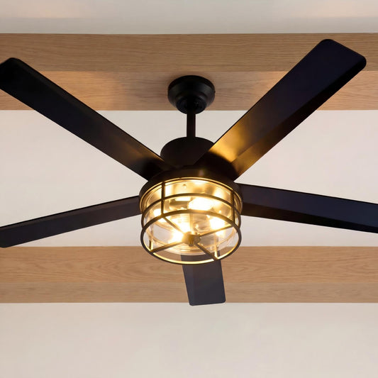 52" Plug-in Ceiling Fan with Light, Matte Black Modern Industrial Caged Glass Fan for Living Room, Bedroom, Farmhouse Decor, 4-Light E12 Base, Remote/App Control, Reversible DC Motor