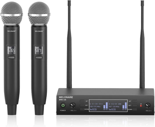 Dual Channel Wireless Microphone System, Auto-Scan Professional Cordless Dynamic Mic Set, 328ft Range