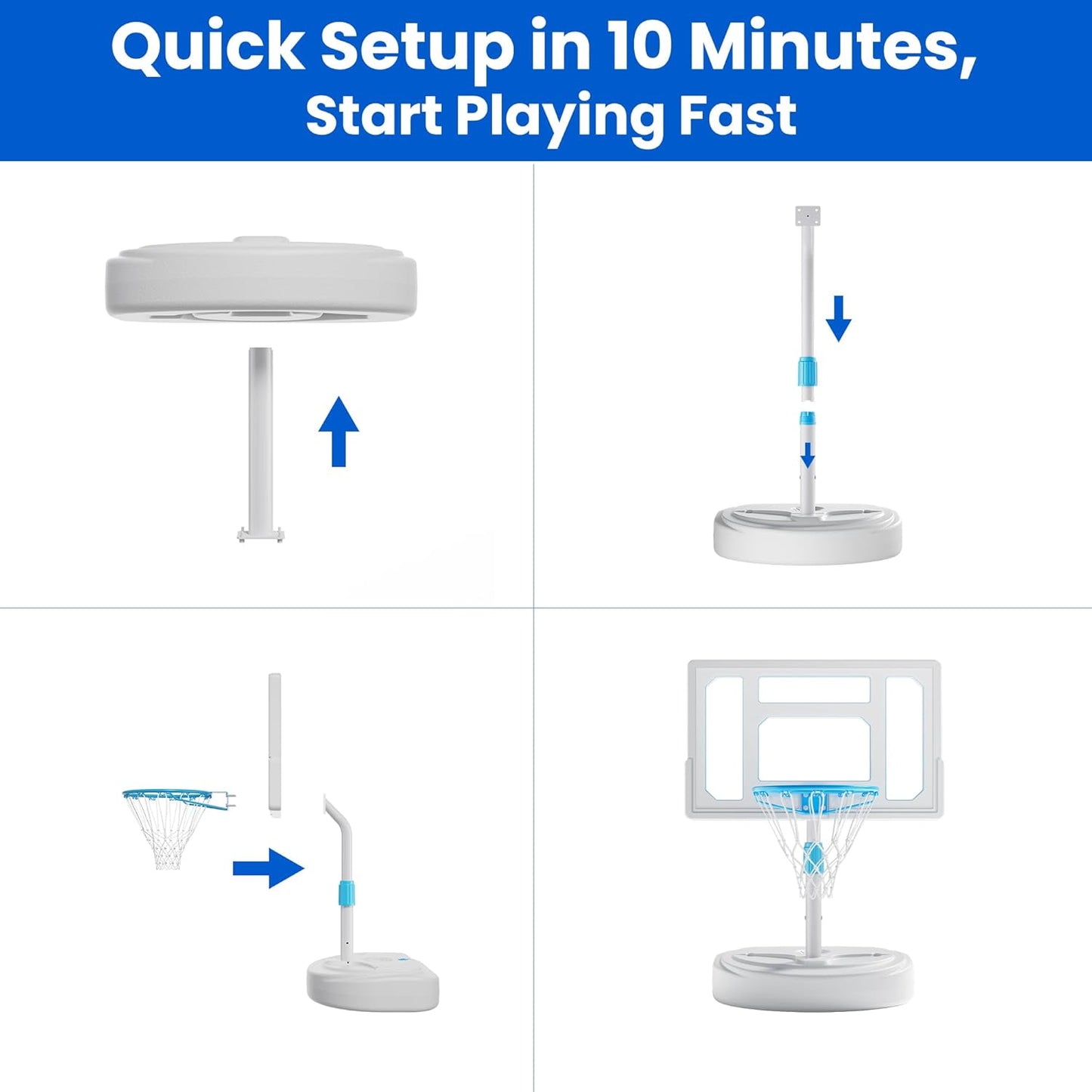 Pool Basketball Hoop (Includes 2 Balls and Pump), Stainless Steel Outdoor Pool Basketball Goal with Clear Backboard, Adjustable Height, Portable for Backyard, Family & Poolside Games